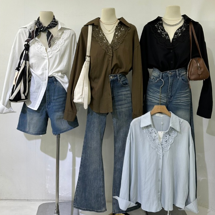 M2176 เสื้อเชิ้ตแขนยาวคอปก แต่งดีเทลลูกไม้ฉลุสุดเก๋ ทรง Oversize นิดๆ แมทช์ง่าย ได้ทั้งลุคเท่และลุคหวาน