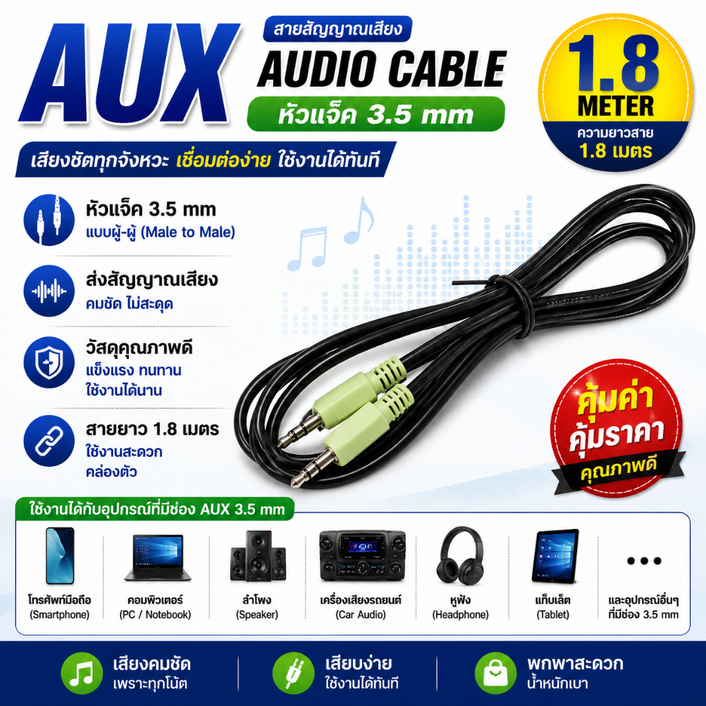 สาย Audio AUX หัวแจ็คขนาด 3.5 mm 1.8m ราคาถูก