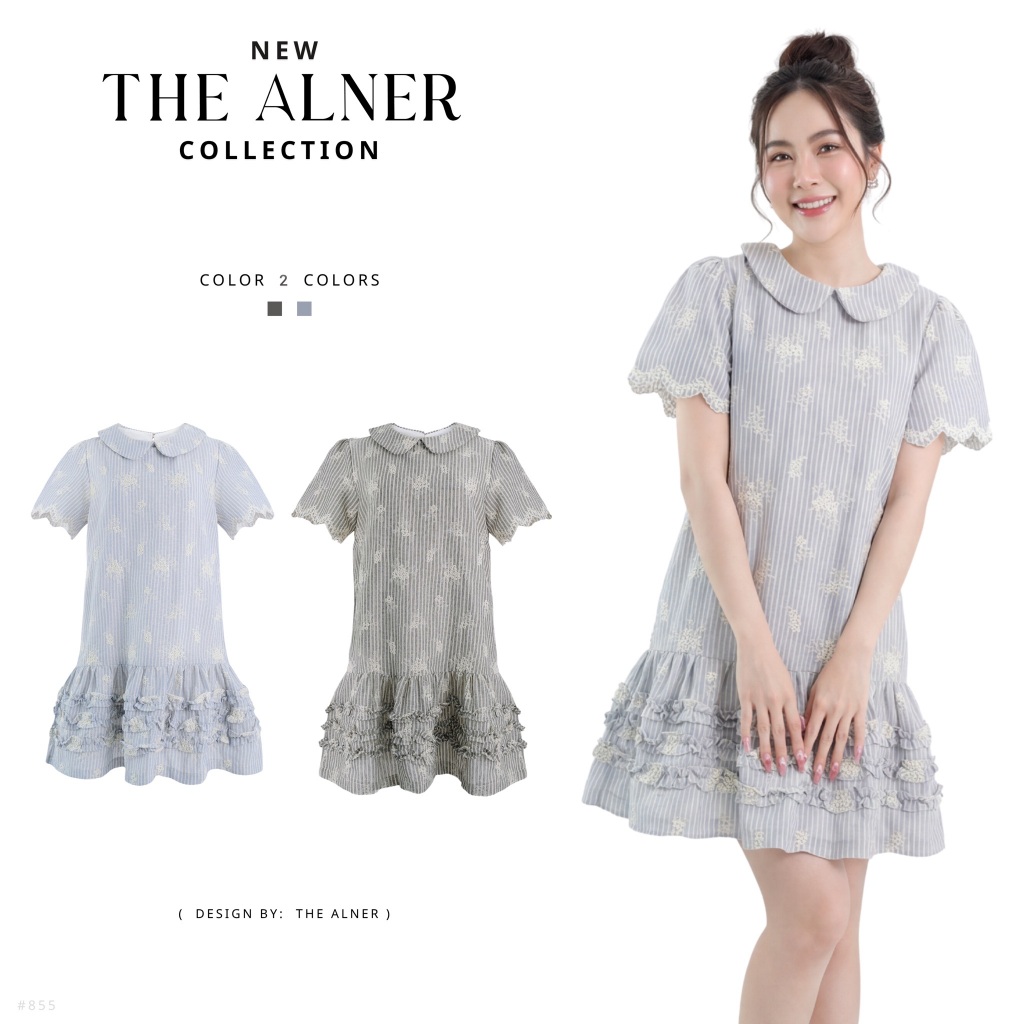 Thealner-AN885 (เดรสลายริ้วคอบัวแขนสั้น)