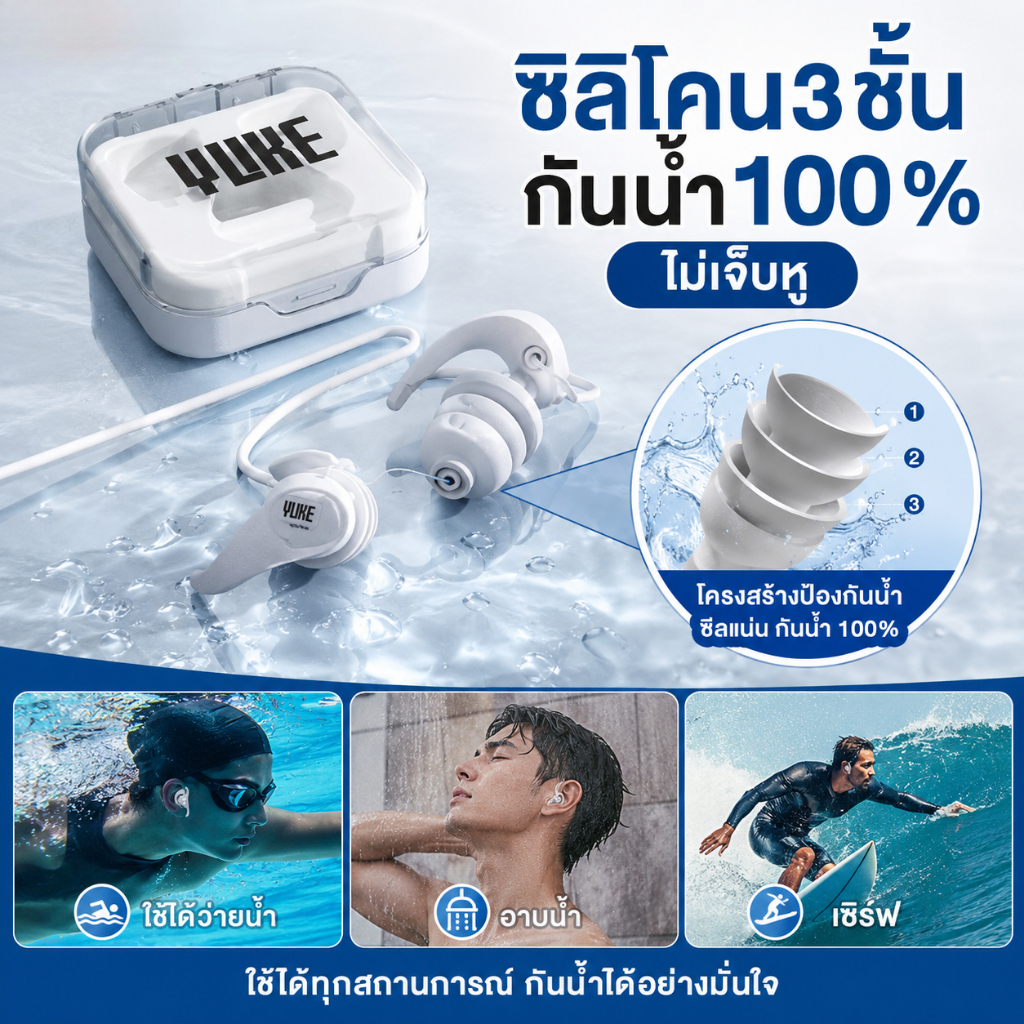 ที่อุดหูว่ายน้ำ ซิลิโคนกันน้ำ มีสายคล้องป้องกันหาย มีกล่องเก็บพกพา สำหรับว่ายน้ำอาบน้ำ