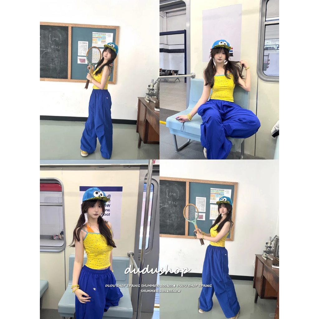 [Summer quick drying fabric, trendy pants]แฟชั่นสไตล์วิทยาลัยสตรีกีฬาเอวสูงเย็บปักถักร้อยขากว้างกางเกงลำลอง
