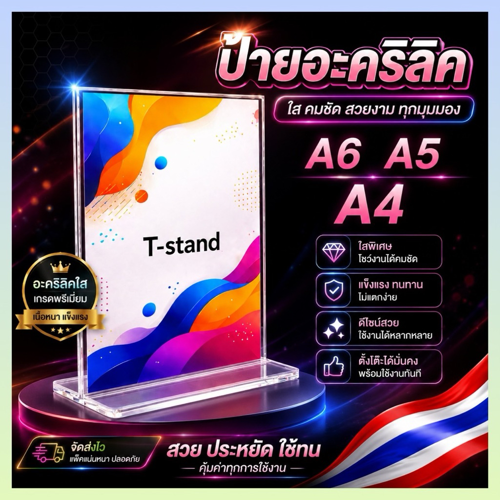 ป้ายอะคริลิค Acrylic sign T-stand A4, A5, A6 แนวตั้ง แนวนอน ป้ายอะคริลิคตั้งโต๊ะ A4 A5 A6 ราคาโรงงาน