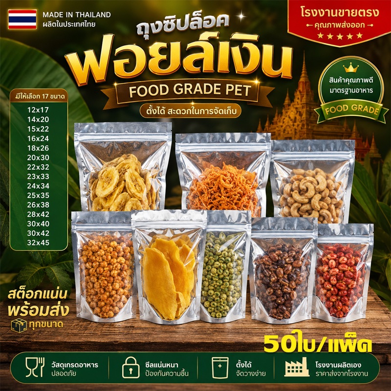 ถุงฟอยด์สีเงิน ตั้งได้ มีซิปซีล ช่องมองเห็น เกรดวัสดุอาหาร กันน้ำกันฝุ่น หลากหลายขนาด ใส่ขนมได้ 50 ใบต่อแพ็ค