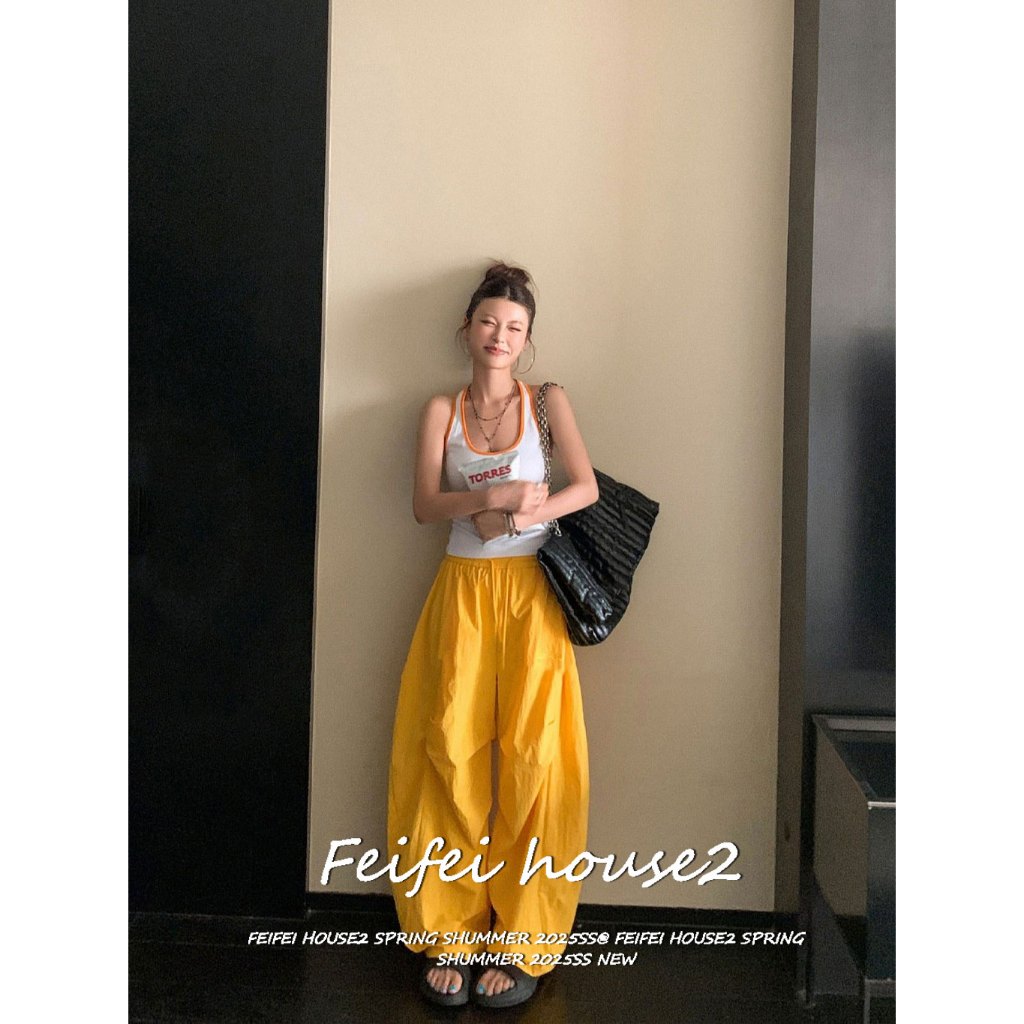 [Feifei-Summer casual set]ชุดเสื้อกล้ามผู้หญิงฤดูร้อนกับกางเกงขากว้างสีพื้นรอยย่นมีเชือกดึงแบบลำลอง