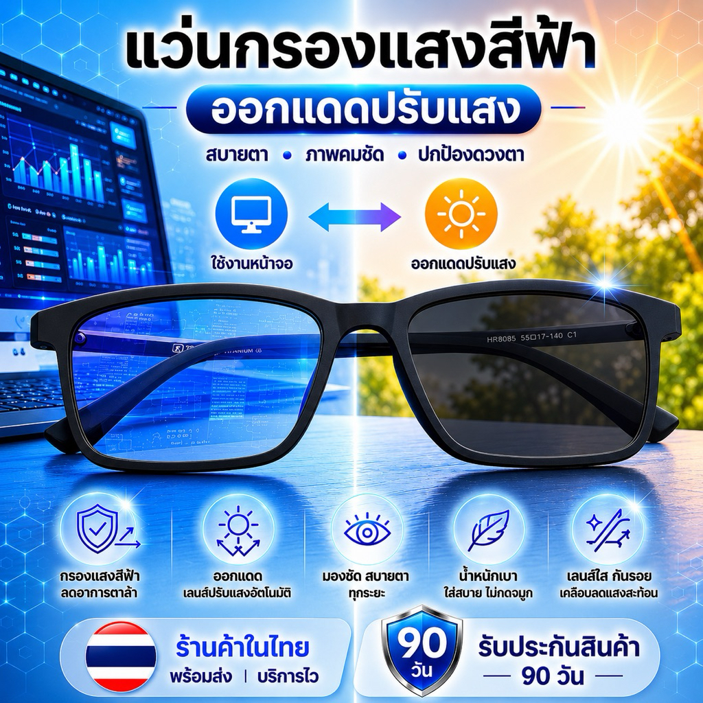 แว่นตัดแสงสีฟ้าปรับแสงออโต้เลนส์แท้100%