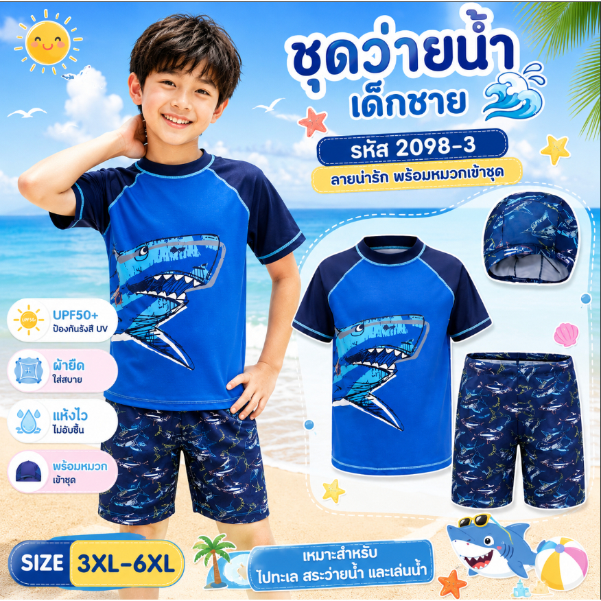 Summer Story ชุดว่ายน้ำเด็กโต รหัส 2098-3 เซต 3 ชิ้น เสื้อแขนสั้น+กางเกงขาสั้น นื้อผ้าดีมาก มีหมวกด้วย