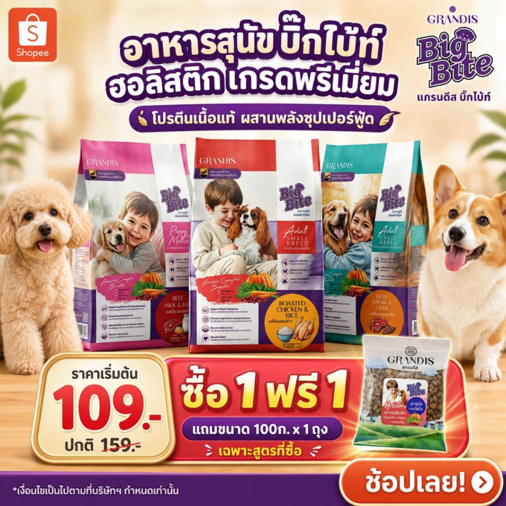 [ซื้อ 1kg แถม 100ก x1ถุง] อาหารสุนัข แกรนดีสบิ๊กไบ้ท์ 1kg เกรดพรีเมี่ยม ฮอลิสติก GRANDIS BIGBITE