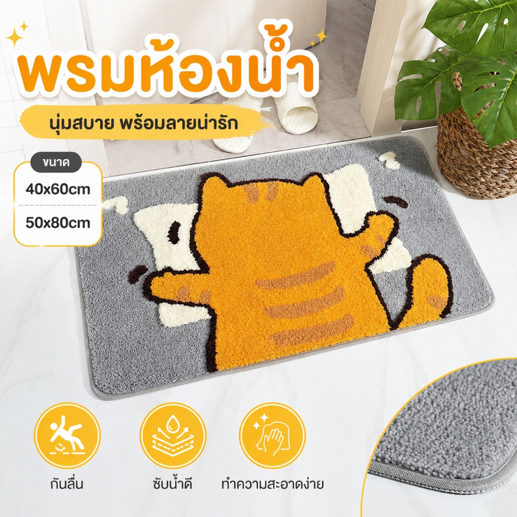 【พร้อมส่ง】Hut Honey พรมเช็ดเท้าในห้องน้ำ พรมเช็ดเท้า กันลื่น พรมมินิมอล ลายการ์ตูน นุ่มหนา ซับน้ำดี กันลื่น 40*60cm