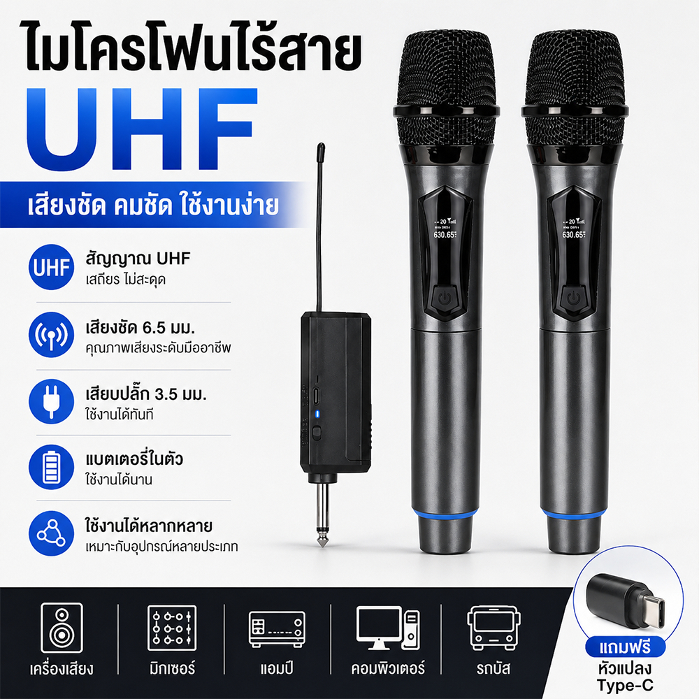 ไมโครโฟนไร้สาย ไมค์ลอยมือถือ 2.4GHz/UHF ระยะ 80M รับสัญญาณเสถียร ชาร์จ Type-C สำหรับ KTV ร้องเพลง เวที
