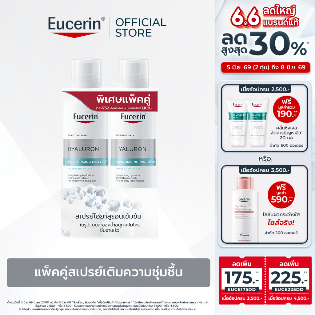 [เซตสุดคุ้ม] Eucerin HYALURON MOISTURISING MIST SPRAY DOUBLE PACK 150ML แพ็คคู่สเปรย์เติมความชุ่มชื้น