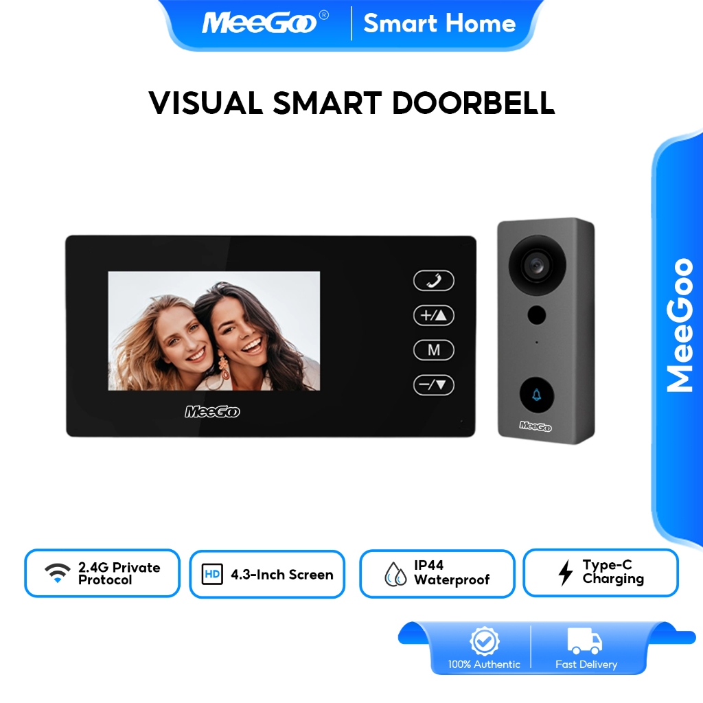 MeeGoo ออดวิดีโอไร้สาย 4.3 นิ้วหน้าจอHD IPS พร้อมหน้าจออินเตอร์คอมไร้สาย 2.4g