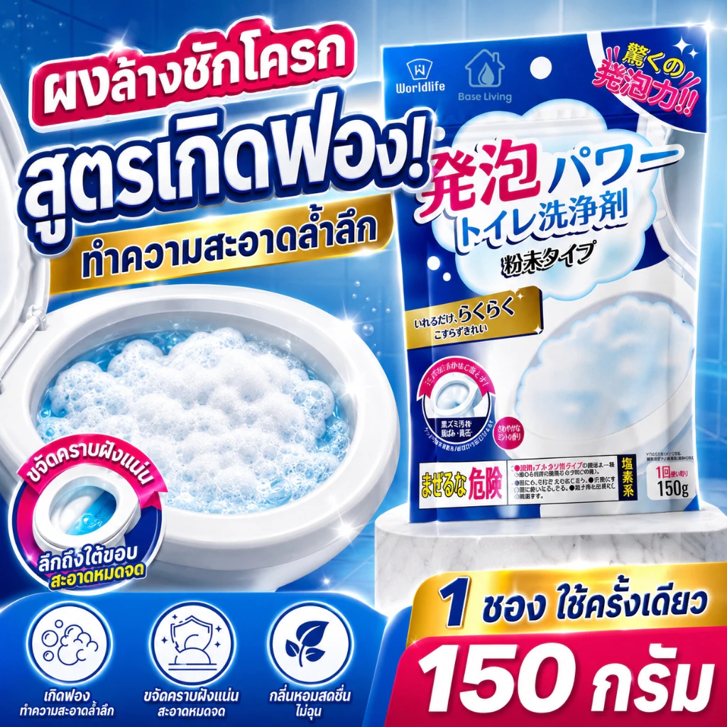 🔥 ผงล้างชักโครก สูตรฟองหนา ขจัดคราบเหลือง คราบหินปูน ดับกลิ่นเหม็น ทำความสะอาดห้องน้ำล้ำลึก 150g
