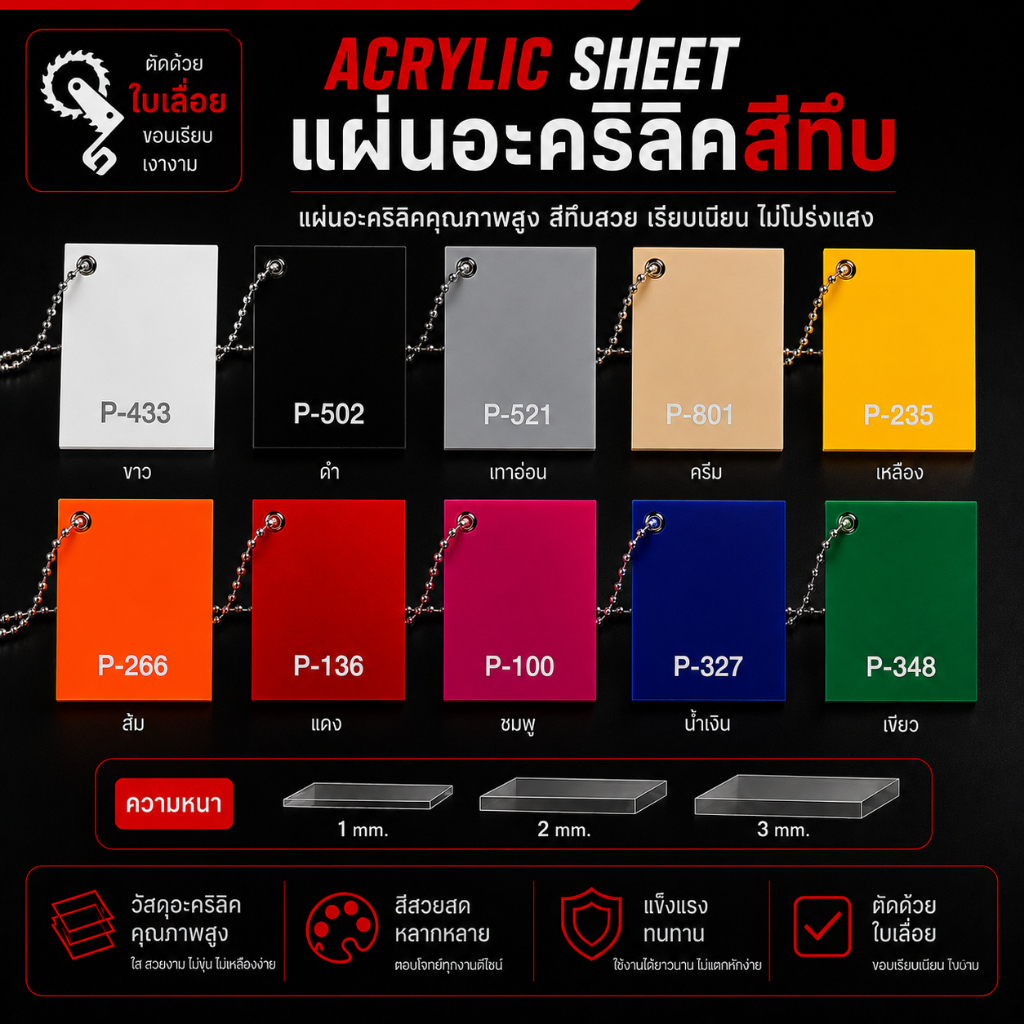 แผ่นอะคริลิคสี สีขาว สีดำ แบบทึบแสง ขนาด 30x30cm มีหลายสี หลายความหนา (พร้อมจัดส่ง)
