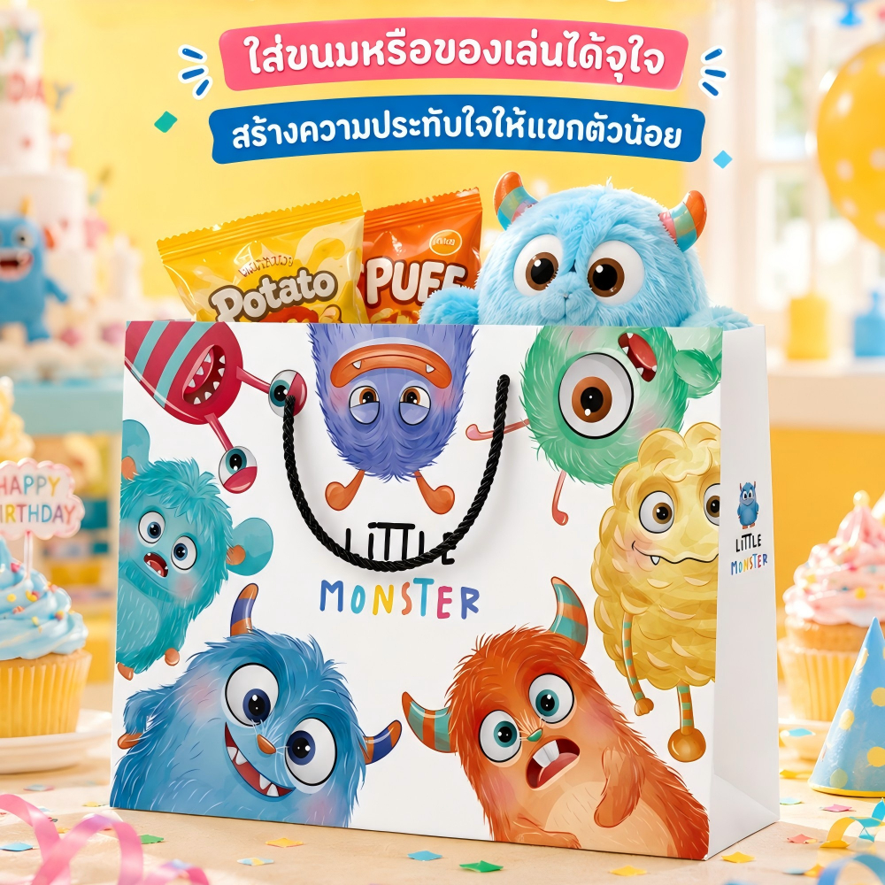 ถุงของขวัญลายมอนสเตอร์น่ารัก 4ขนาด กระดาษหนาพิเศษ หูเชือกไนลอน แข็งแรง ใส่ของขวัญ วันเกิด ของเล่น ปาร์ตี้เด็ก