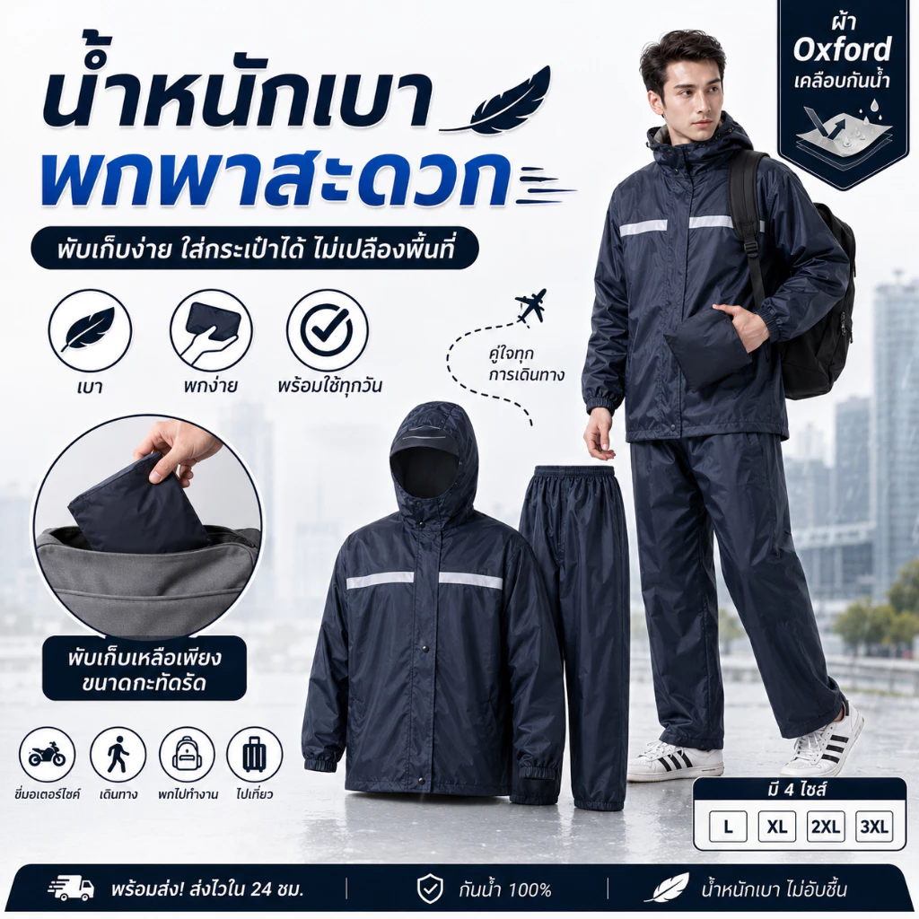 เสื้อกันฝน ชุดกันฝนแยกชิ้น เสื้อและกางเกง มีแถบสะท้อนแสง