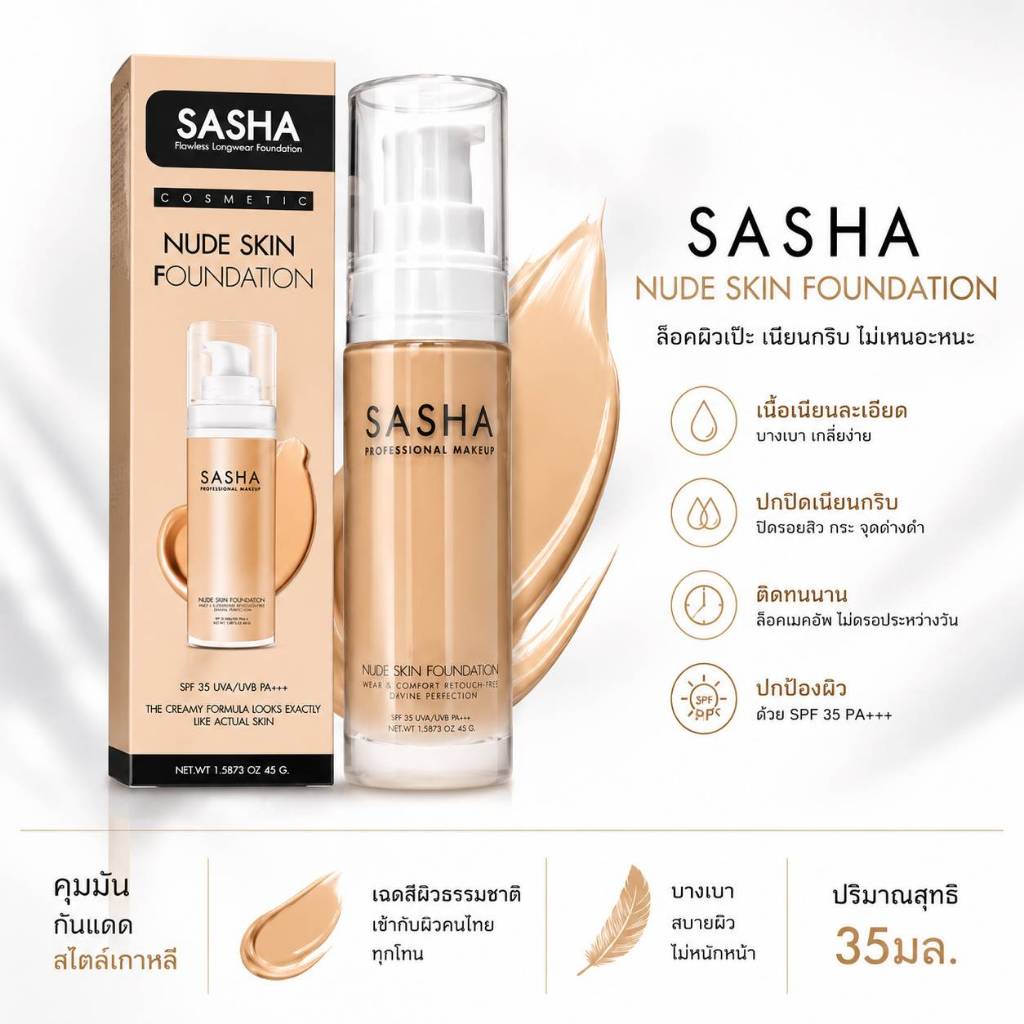 Sasha Nude Skin Cosmetic Foundation SPF 35 UVA/UVB PA+++/ล็อคผิวเป๊ะ เรียบเนียน ปกปิดแต่บางเบา