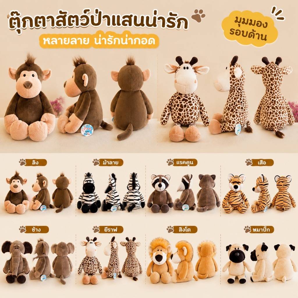 ตุ๊กตาเสือสัตว์ป่า สิงโต ช้าง ลิง ยีราฟ ตุ๊กตาของเล่นผ้ากำมะหยี่ในป่า ของขวัญสำหรับเด็ก