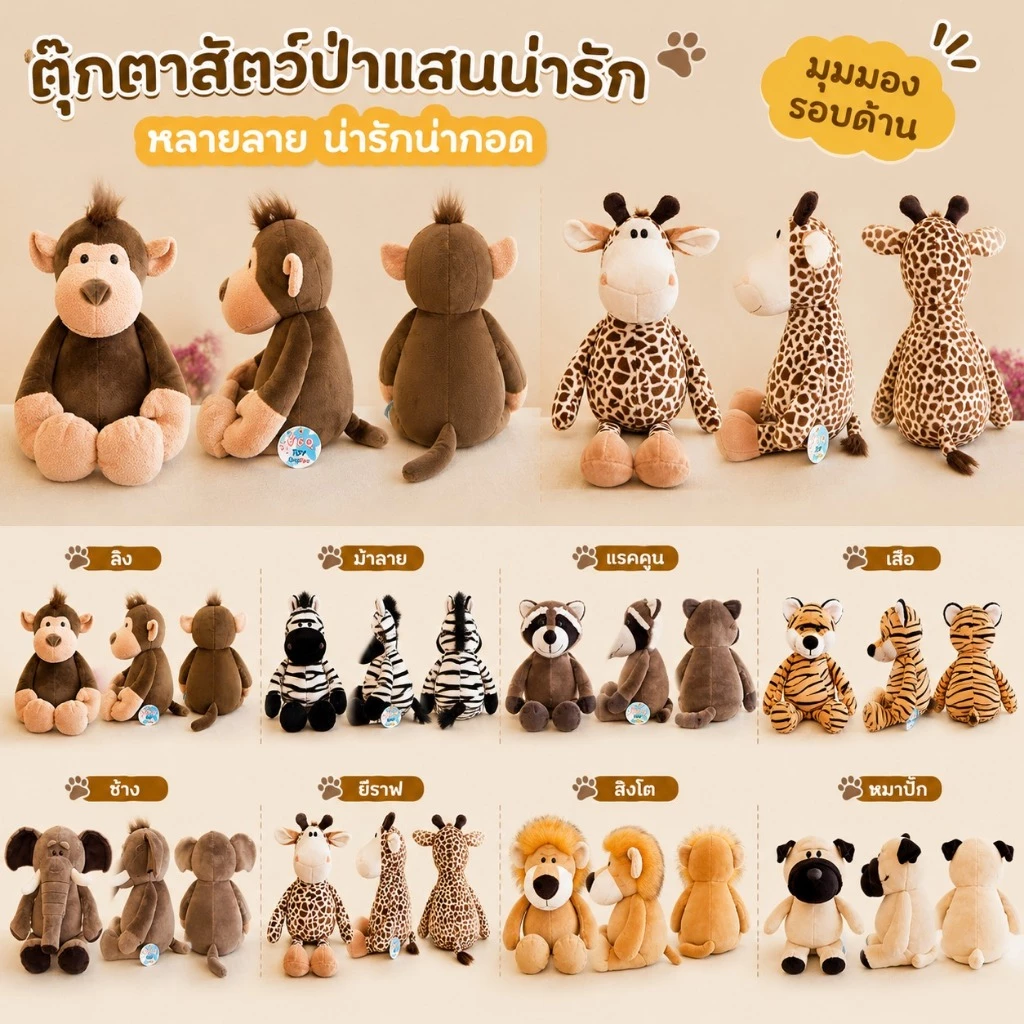 ตุ๊กตาเสือสัตว์ป่า สิงโต ช้าง ลิง ยีราฟ ตุ๊กตาของเล่นผ้ากำมะหยี่ในป่า ของขวัญสำหรับเด็ก