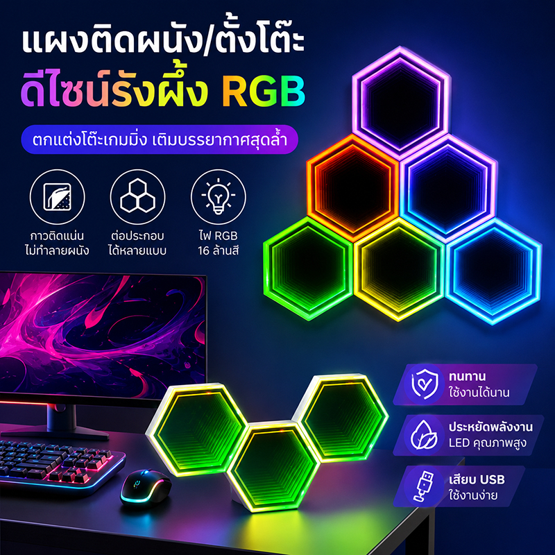 สุดคุ้ม! ไอเดียของขวัญดีๆ ไฟตกแต่งผนัง LED หกเหลี่ยมรูปรังผึ้ง 3/6/10/12 ชิ้น 16 ล้านสี พร้อมรีโมท ราคาพิเศษ