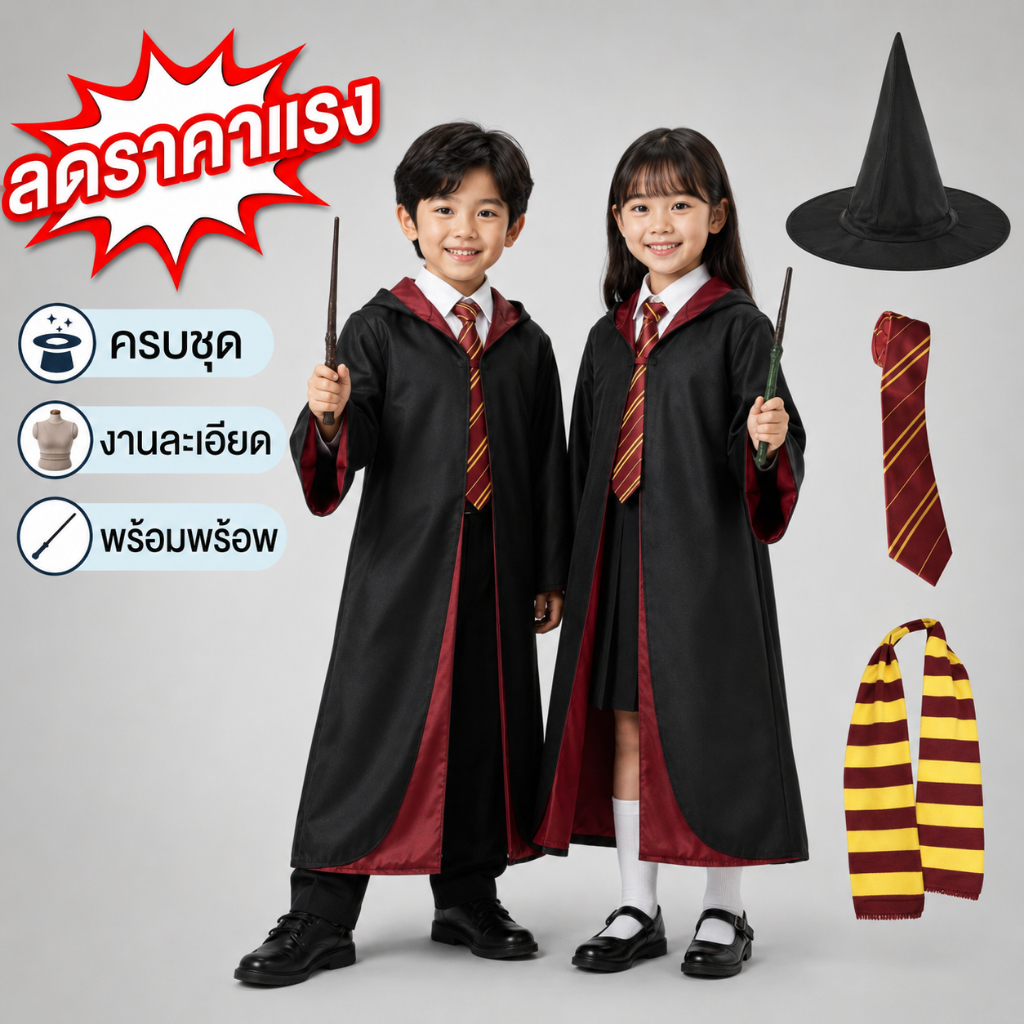 🔥พร้อมส่งจาก กทม.🔥 ชุด Harry Potter ฮอกวอตส์ ชุดพ่อมดแม่มด เสื้อคลุมเวทมนตร์ เด็กและผู้ใหญ่ คอสเพลย์ฮาโลวีน