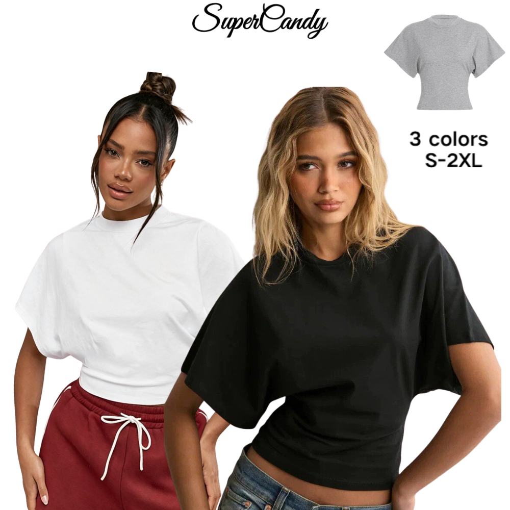 SuperCandy🌷ชุดบนสตรีตัวสั้น สีพื้นคอกลม ทรงหลวมปรับเอวได้ สไตล์ยุโรปอเมริกา ทันสมัยมาก