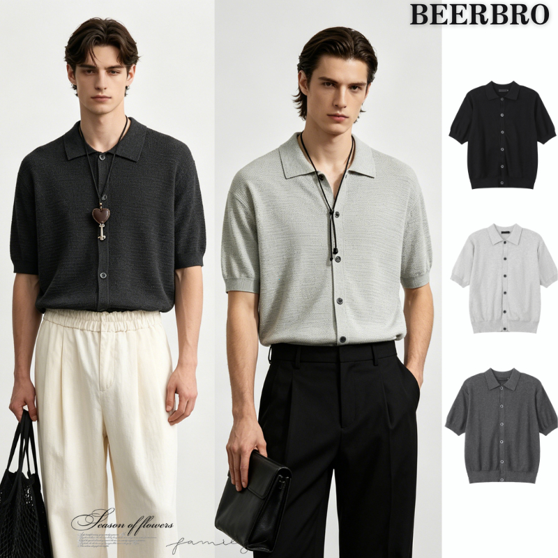 beerbroth-เสื้อโปโลคอปก แขนสั้น ระบายอากาศดี สไตล์เรียบง่าย ลําลอง สําหรับผู้ชาย สีดำ เทาอ่อน, เทาเข้ม