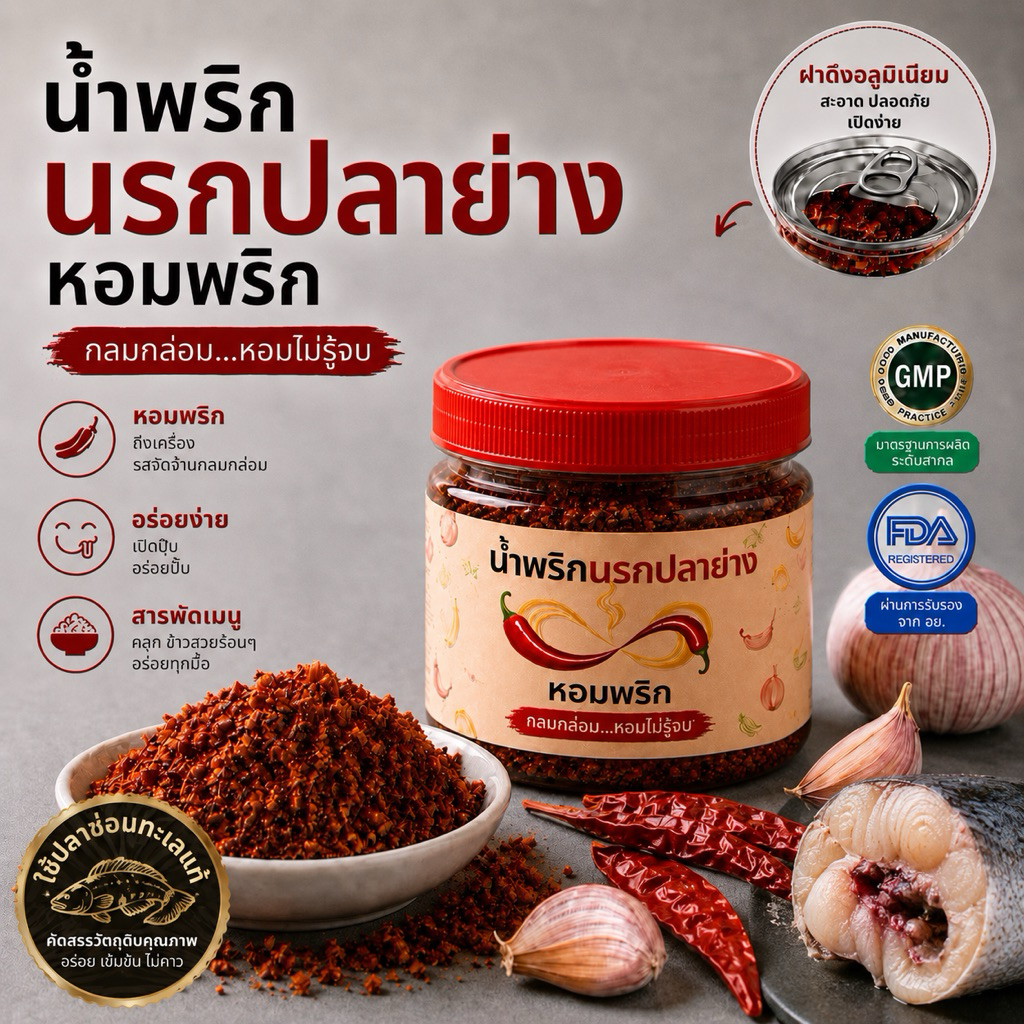 น้ำพริกนรกปลาย่าง ตราหอมพริก (ปลาช่อนทะเลเเท้) 🌶️เผ็ดอร่อย ปลาย่างแท้ 140g