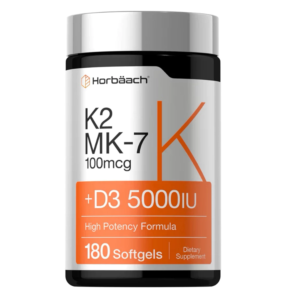 [ HORBAACH ]❇️ ( แพ็คเกจใหม่ - ฝาสีขาว ) K2MK7 ( 100 MCG ) + D3 ( 5000 IU )( 180 SOFTGELS )
