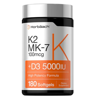 [ HORBAACH ]❇️ ( แพ็คเกจใหม่ - ฝาสีขาว ) K2MK7 ( 100 MCG ) + D3 ( 5000 IU )( 180 SOFTGELS )