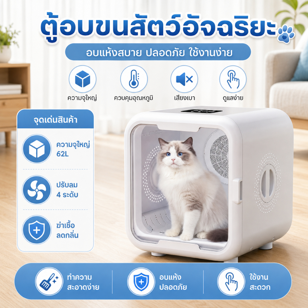 ตู้เป่าขนแมว Smart Pet Dryer ไดร์เป่าขนแมว เสียงรบกวนต่ำ ตู้อบแมว ตั้งเวลาได้ เป่าขนแมว แห้งเร็ว