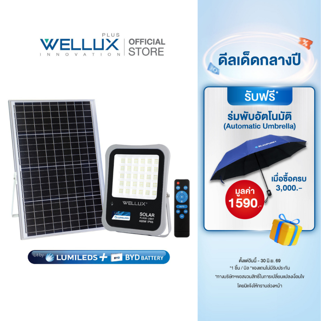 WELLUX โคมไฟฟลัดไลท์พลังงานแสงอาทิตย์ 50W 100W 200W 300W 400W 500W แสงขาว แสงวอร์ม LED Solar Floodlight