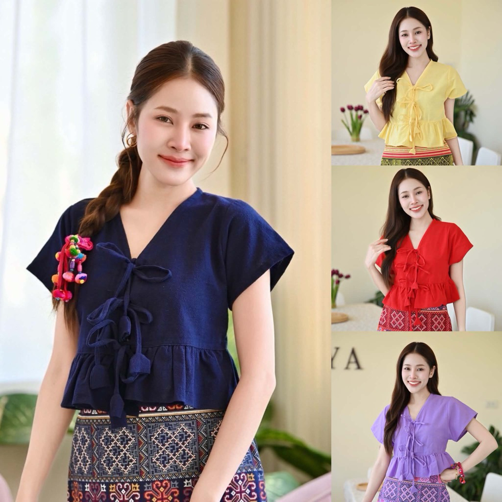 เสื้อพื้นเมือง แต่งระบายชาย ผูกหน้าเก๋ๆน่ารักๆ/สินค้าพร้อมส่ง