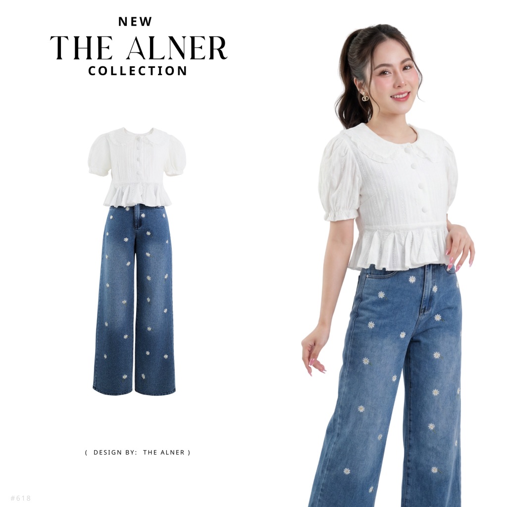 Thealner-AN618 (เซตเสื้อขาวแขนตุ๊กตากางเกงขายาวปักดอก)