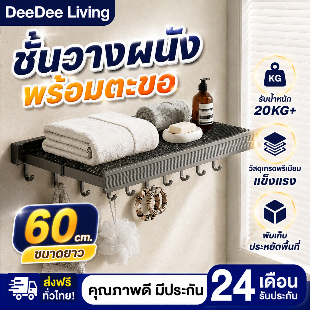 DeeDee ราวแขวนผ้าขนหนู ราวตากผ้า ในห้องน้ำ สามารถยืด​หด​ได้  ติดผนัง ไม่ต้องเจาะรู กันน้ํา ไม่เป็นสนิม ราวตาก