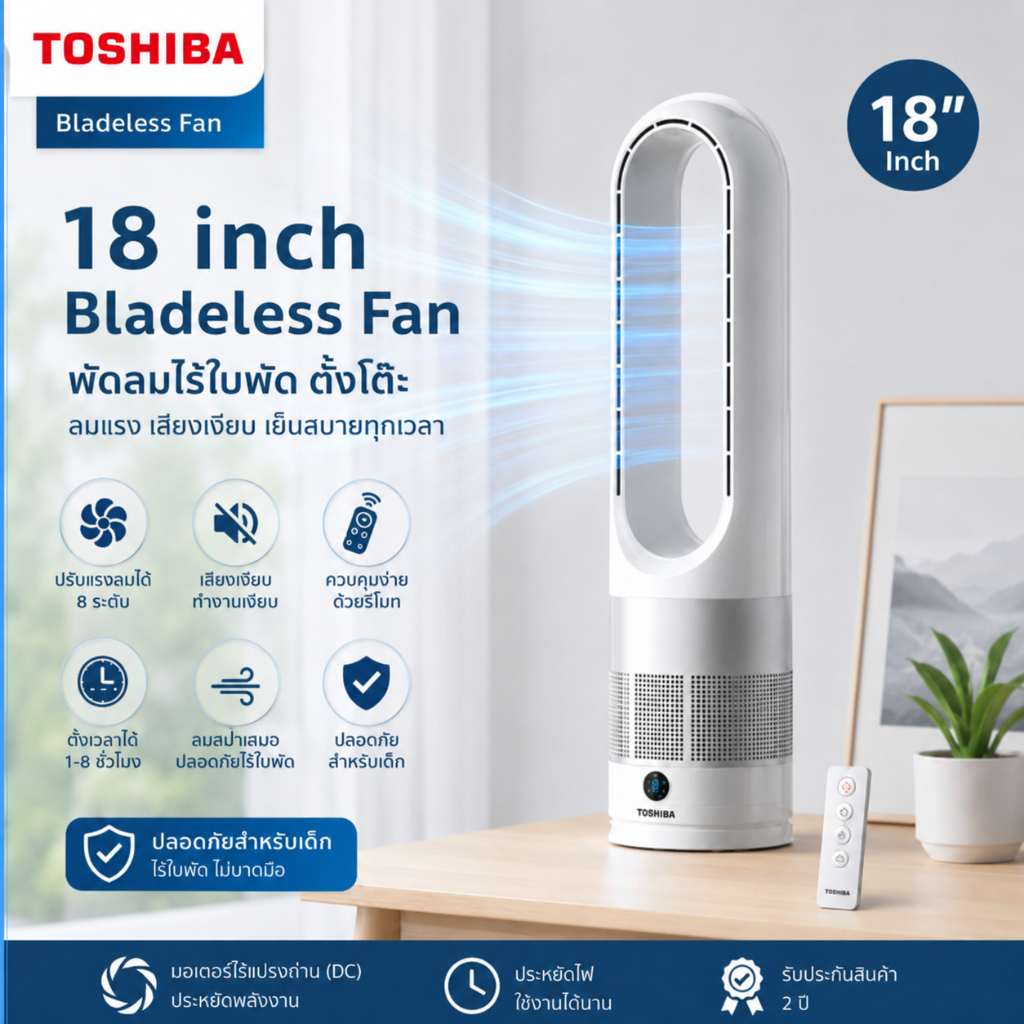 Toshiba 18 Inch Bladeless Fan พัดลมไร้ใบพัด เสียงเงียบ ปรับแรงลม 8 ระดับ รีโมทคอนโทรล ตั้งเวลาได้ ปลอดภัยสำหรับเด็ก
