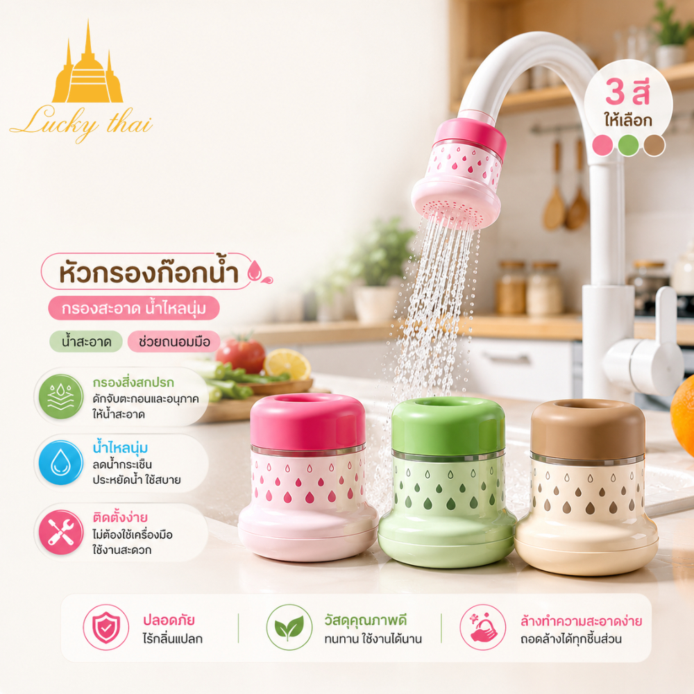 luckythai หัวกรองก๊อกน้ำ 5 ชั้น 1 เซ็ท 3 ชิ้น กรองสิ่งสกปรก น้ำไหลนุ่ม ลดการกระเซ็น ติดตั้งง่าย