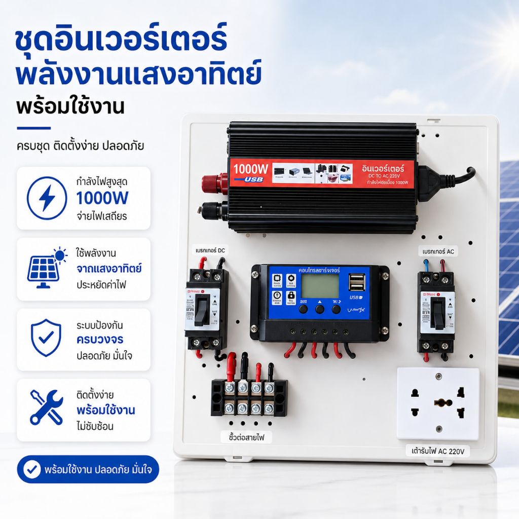ชุดโซล่าเซลล์อินเวอร์เตอร์ 1000W 12V เป็น 220V พร้อมคอนโทรลชาร์จ 30A