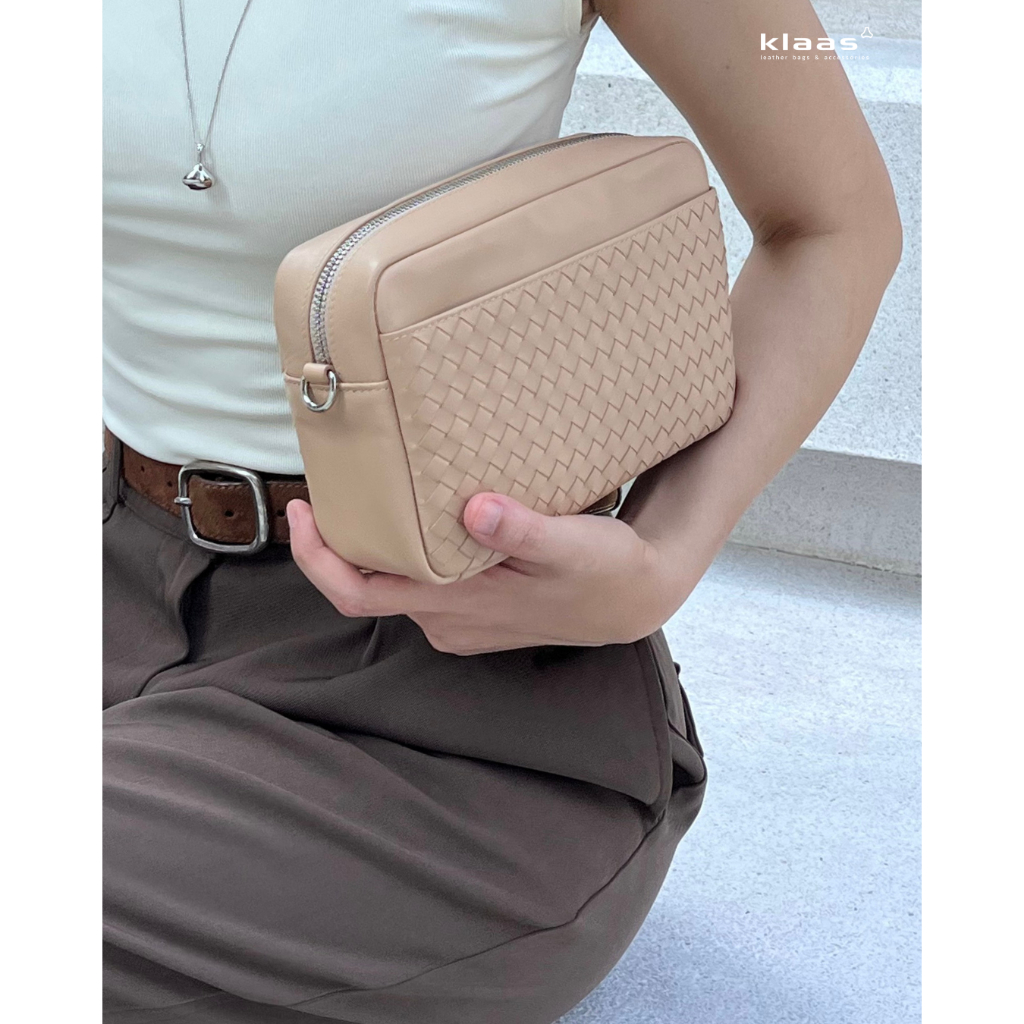 02-356 festival bag intrecciato กระเป๋าสะพายสานหนังแท้ กระเป๋าผู้หญิงสานหนังแท้ แบรนด์ klaas ของแท้