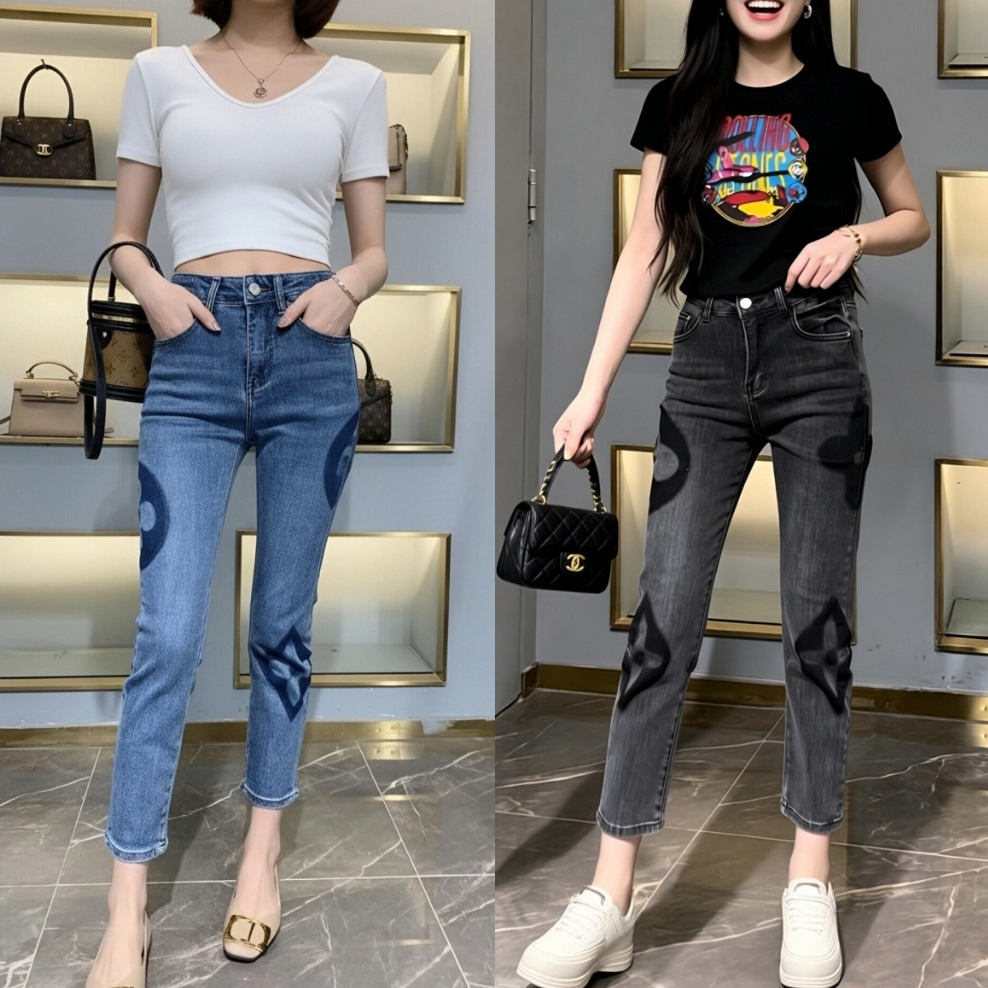 LUMOS กางเกงยีนส์ยืด S-5XL ดำ / น้ำเงิน กระบวนการเย็บปักถักร้อย ลมเกาหลี