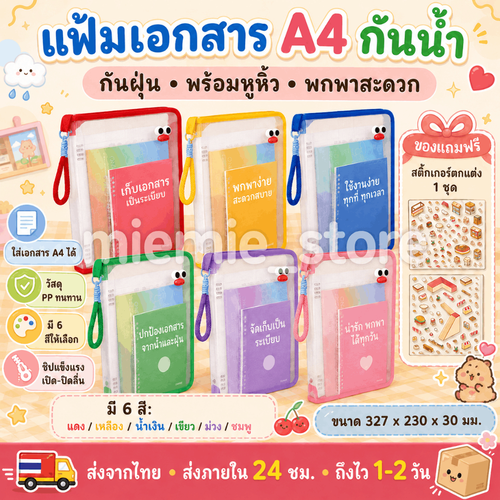 （สติกเกอร์ฟรี）กระเป๋าเอกสาร A4อุปกรณ์สํานักงาน   กันฝุ่นกันน้ำ ปกใสพาสเทล   ใส่สมุดและปากกาได้