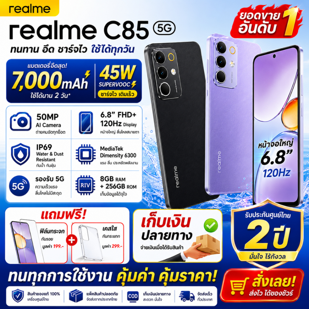 🎁 realme 🎁 C85 5G 8GB+256GB จอ 6.8" 144Hz Dimensity 6300 กล้อง 50MP แบต 7000mAh ชาร์จไว 45W กันน้ำ IP69 AI Smartphone