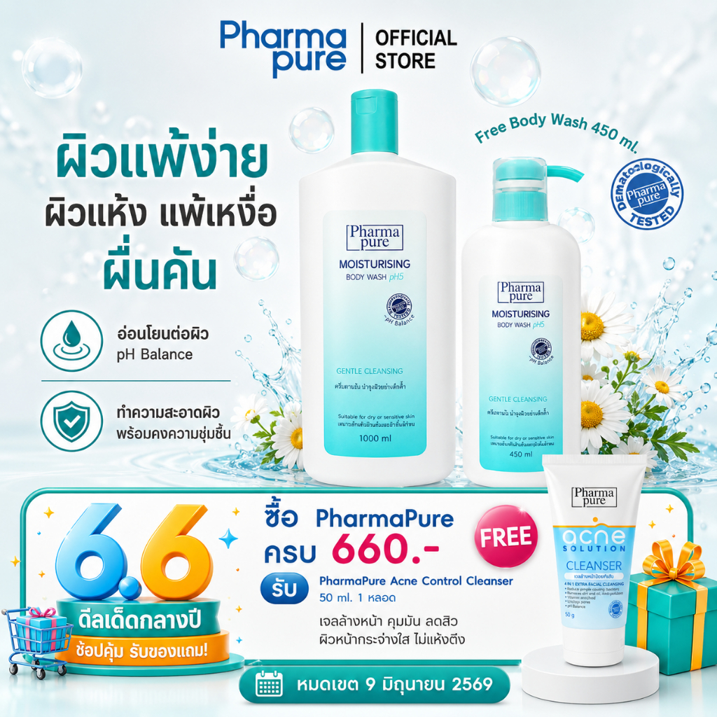 โปรโมชั่น PharmaPure Body Wash 1000 ml ฟรี 450 ml. ครีมอาบน้ำสูตรอ่อนโยน ใช้ได้ทุกสภาพผิว ผิวแพ้ง่าย