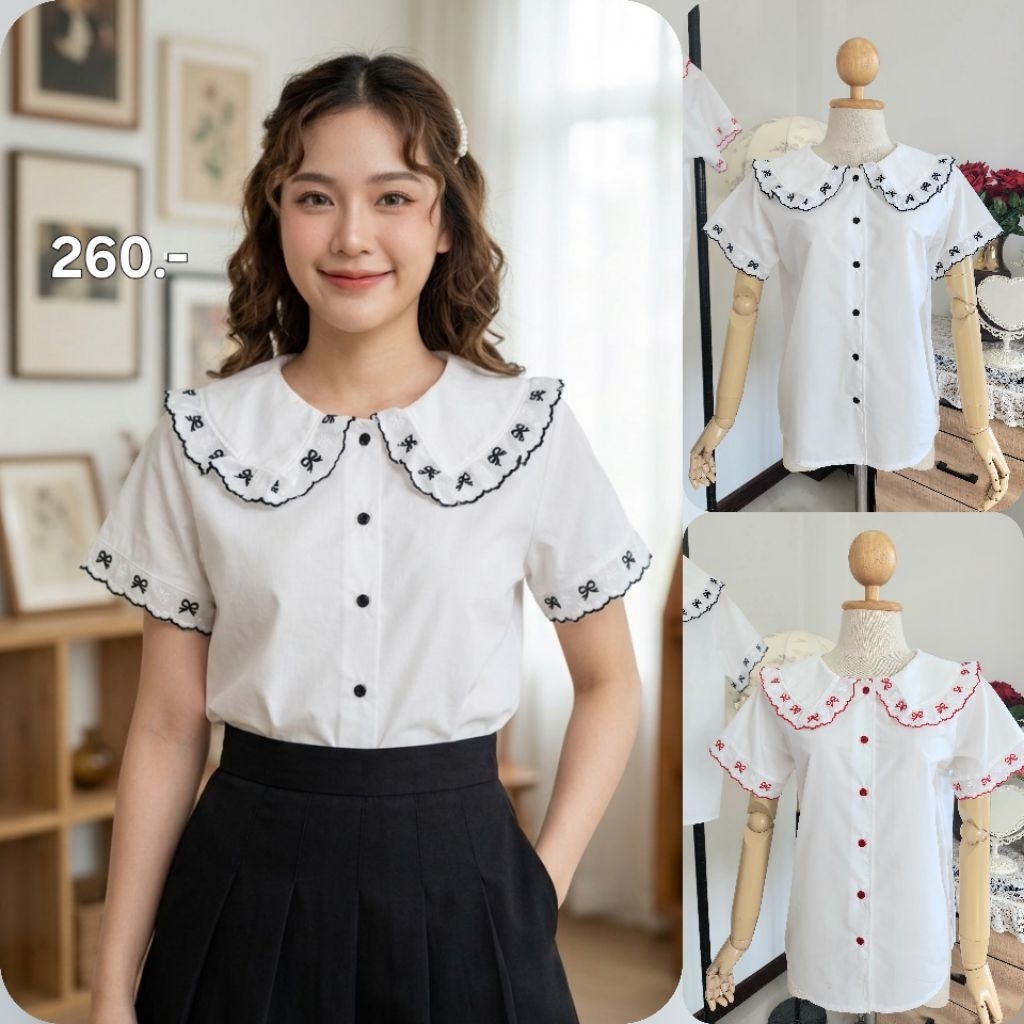 อก36-54 นิ้วเสื้อสีขาวผ้ามัสลินญี่ปุ่นแขนสั้น ปกคอบัวแต่งลูกไม้ปักลายโบว์