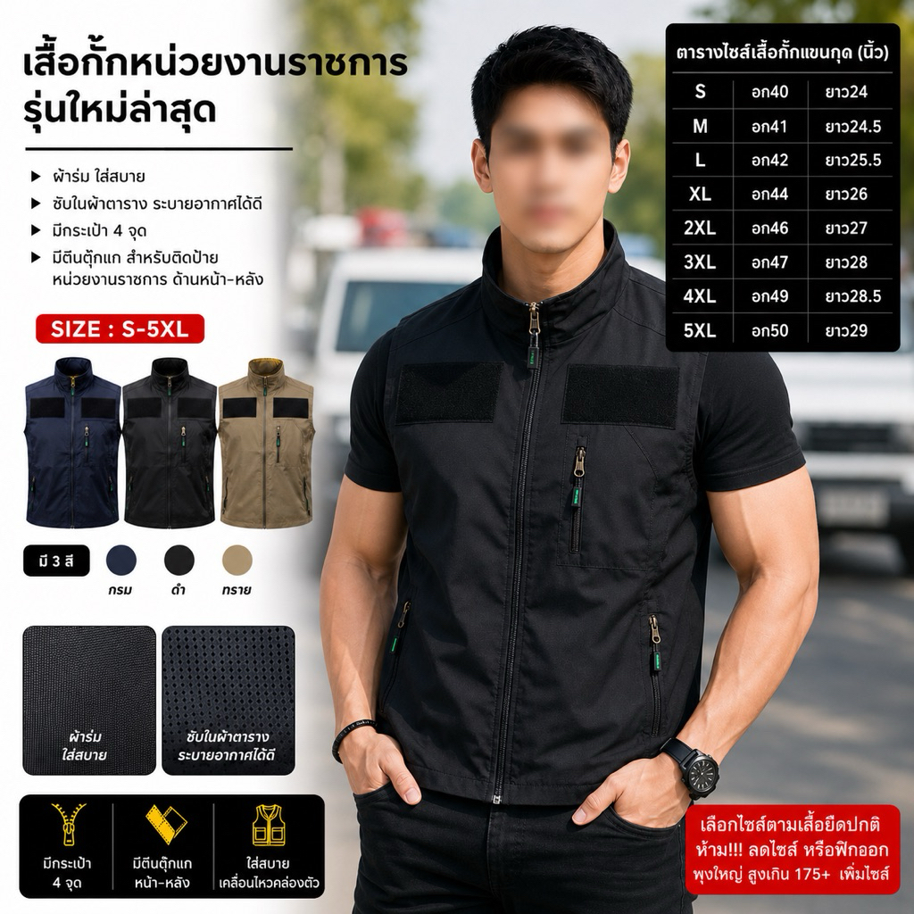 เสื้อกั๊กหน่วยงานราชการ รุ่นใหม่ล่าสุด เลือกไซส์ตามเสื้อยืดปกติ