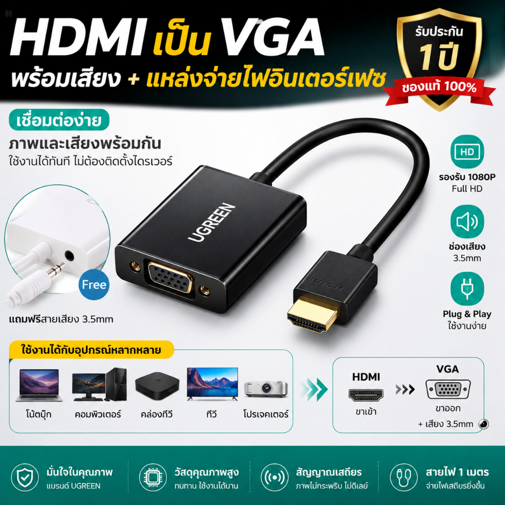 ตัวแปลง hdmi เป็น vga hami พร้อมอินเทอร์เฟซเสียงและวิดีโอ แล็ปท็อป hdim เดสก์ท็อปทีวีชุดกล่องด้านบนดูทีวีโยนสี่เหลี่ยมลว