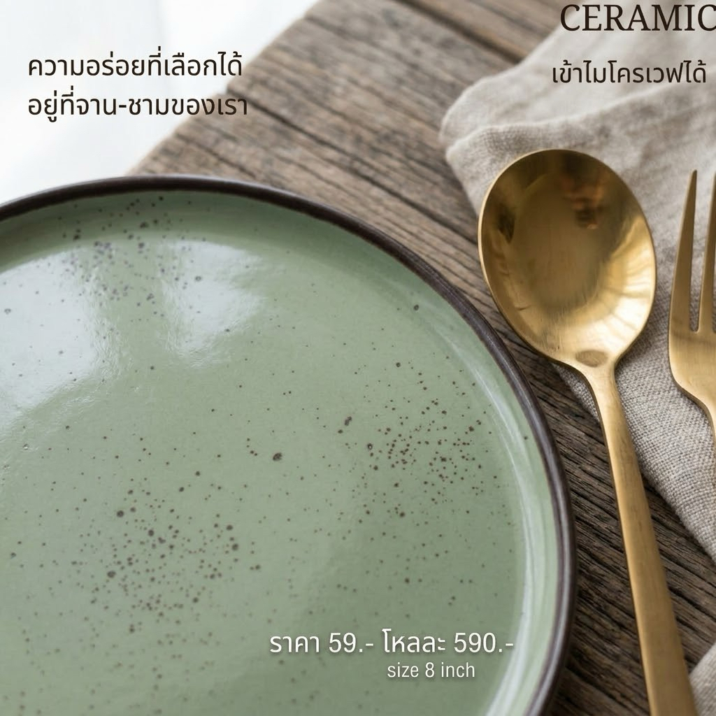 จาน 8 นิ้ว สีเขียวมัทฉะจุดไข่ปลา- เข้าเครื่องล้างจาน และรับประกันความปลอดภัยในการใช้งานกับไมโครเวฟ