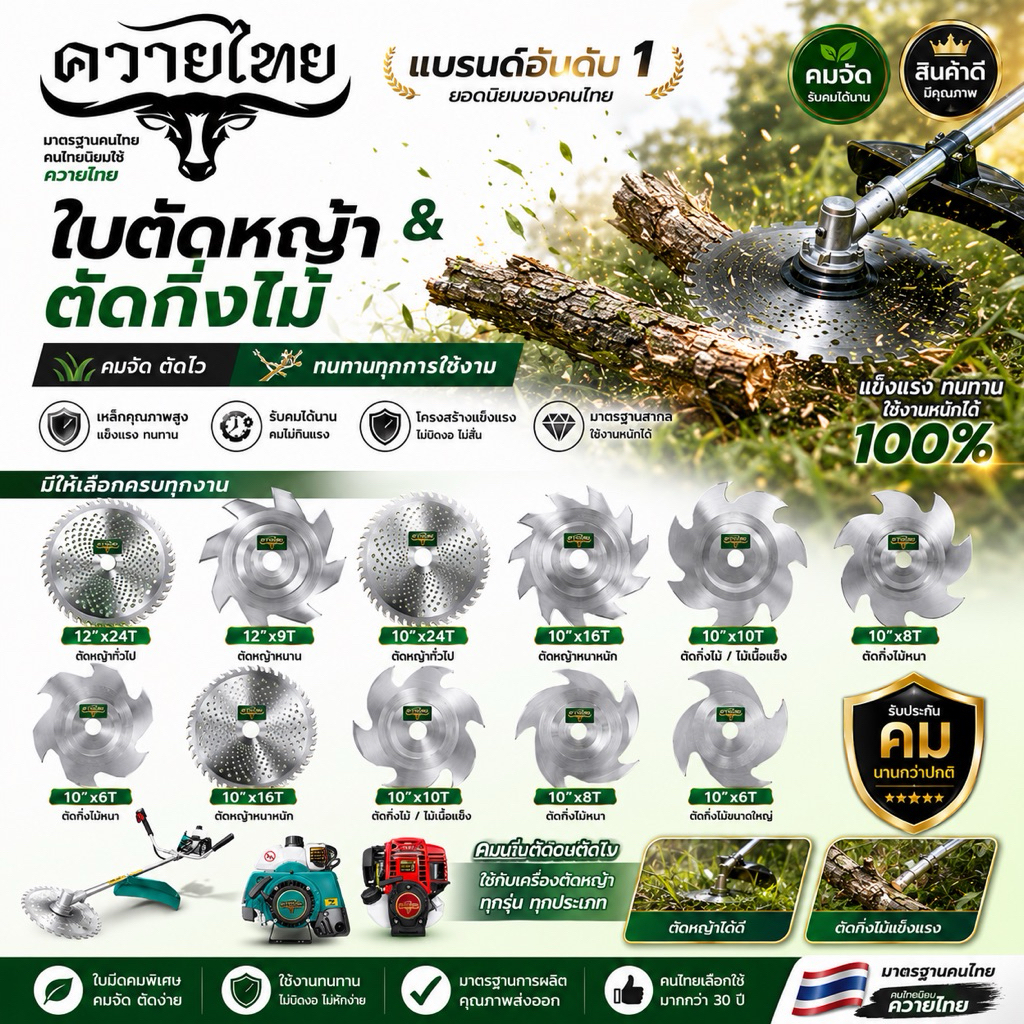 ใบตัดหญ้า (ลับคมได้) ใบตัดวงเดือน ตราควายไทย หนา 2 มิล ขนาด10-12นิ้ว เหล็กหนา คมพิเศษ แข็งแรงตัดสบาย