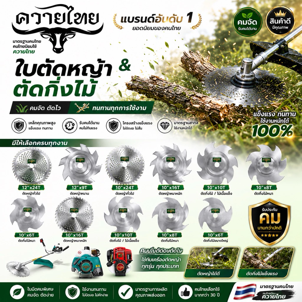 ใบตัดหญ้า (ลับคมได้) ใบตัดวงเดือน ตราควายไทย หนา 2 มิล ขนาด10-12นิ้ว เหล็กหนา คมพิเศษ แข็งแรงตัดสบาย