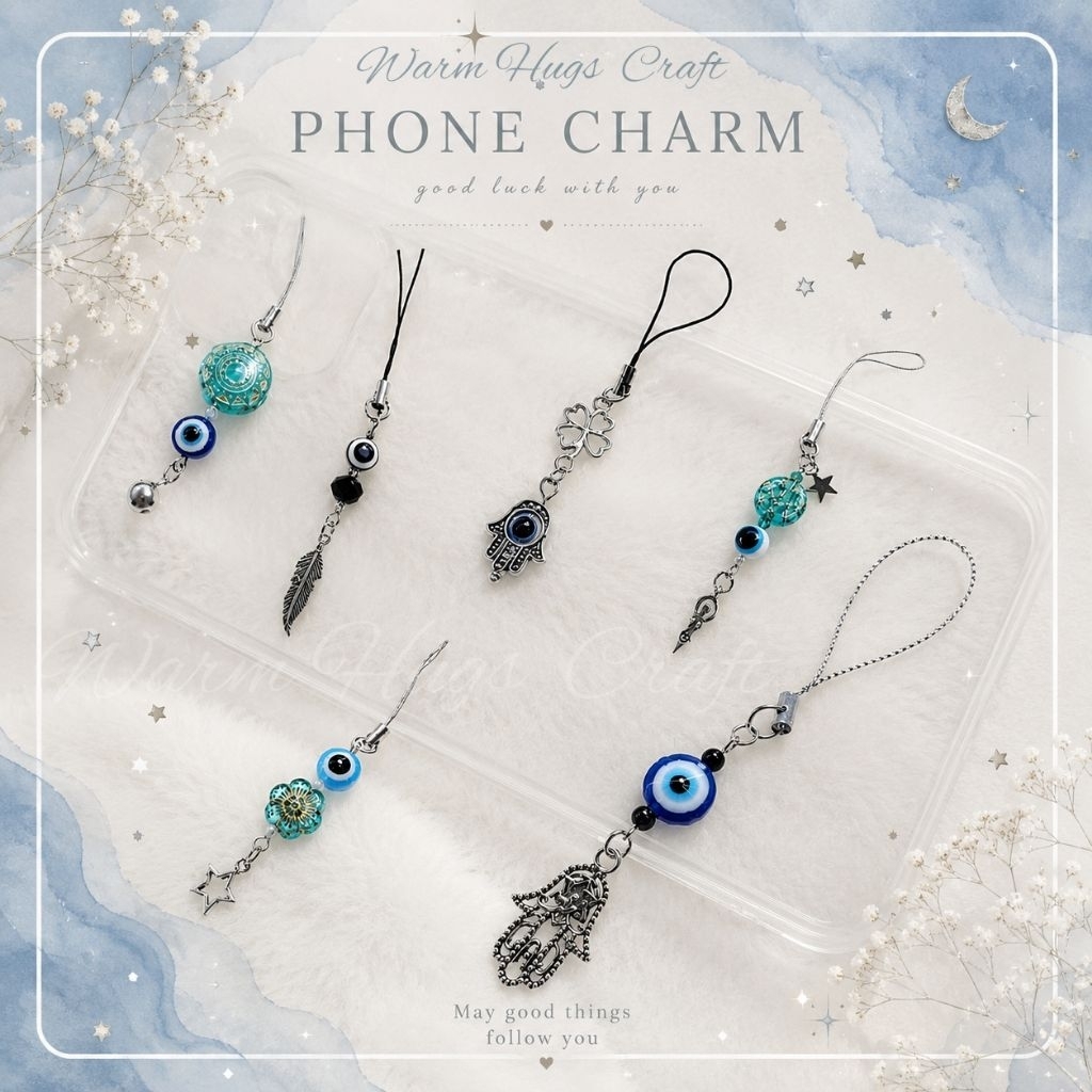 Phone charm >> EVIL EYE ที่ห้อยมือถือ ที่ห้อยโทรศัพท์ พวงกุญแจ | เครื่องราง ปกป้อง Hamsa Wicca Clover | ของขวัญปัจฉิม