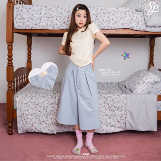 Cari_SP118 กางเกง5ส่วนขากว้างเอวสูง ใส่สบาย ดีเทลป้ายหนัง กระดุมตอก เท่สไตล์เกาหลี